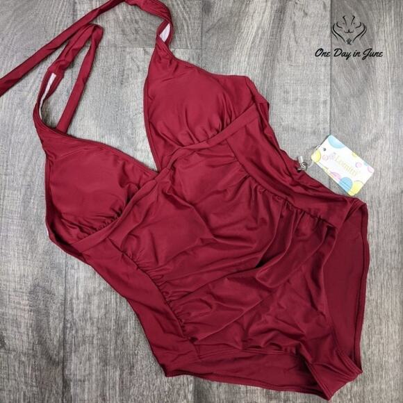 Lomitti Halter Ruched One Piece Swimsuit Size L - Picture 3 of 4